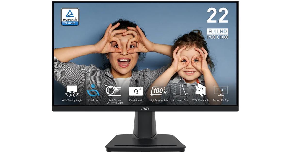 MSI PRO PRO MP225V 22" 1080p FHD Flat Monitor (Black) VA, 100Hz, 1ms (MPRT),10 bits, 1B Colors, 100% sRGB w/ Anti-Flicker technology
