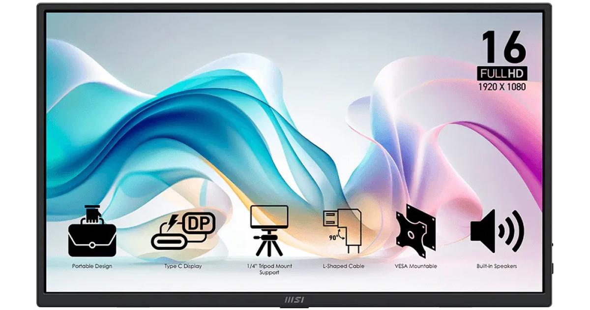 MSI PRO MP165 E6 15.6” 1920 x 1080 (FHD) IPS 60Hz 4ms (GtG) 8 bits, Portable Monitor, Slim & Light Extender Screen, Hdmi & Type-C cable, VESA Mount Support w/ Built-in Speakers