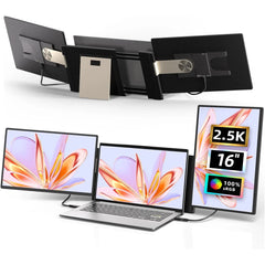 V2COM S7 Pro 16" 2.5K QHD IPS Triple Screen Extender,100% sRGB, USB-C & Mini HDMI, Dual Speakers, Ultra-Slim Detachable Design, Narrow Bezels, Black