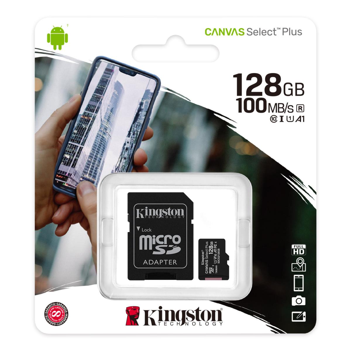 Kingston 128gb Canvas Sele Plus Microsdxc Card Up To 100mb/s A1 Class 10 Uhs I With Adapter Kingston 128gb Canvas Sele Plus Microsdxc Card Up To 100mb/s A1 Class 10 Uhs I With Adapter