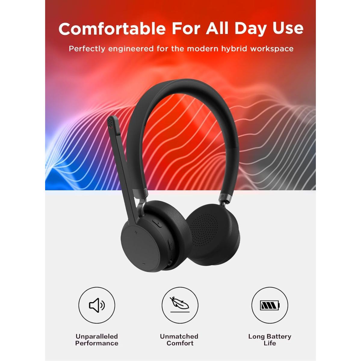 Lenovo Wireless Stereo Headset, Bluetooth 5.3, 640 Mah Capacity, 40 Mm Drivers Usb Digital Audio, 32 Ohm Impedance, Professional Call Performance, Black - CompuMe