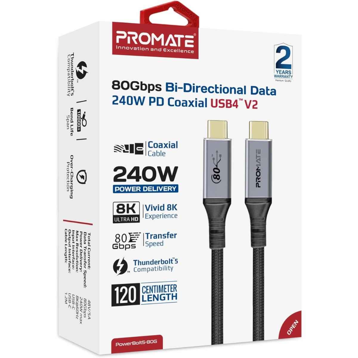 Promate Powerbolt5 80g Thunderbolt 5 Usb 4 Cable 80gbps Data Transfer, 240w Power Delivery, 8k Ultra Hd Display Support, Usb C To Usb C 1.2m Cable, Compatible With Thunderbolt 5, Durable Build Black