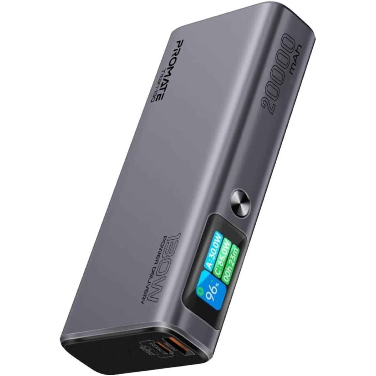 Promate Titan 130 Universal 20000mah Ultra Slim Portable Power Pack With 130w Power Delivery, Smart Tft Lcd Screen, Usb A Qc 3.0, Dual Usb C Input/output Ports, And Over Heating Proteion