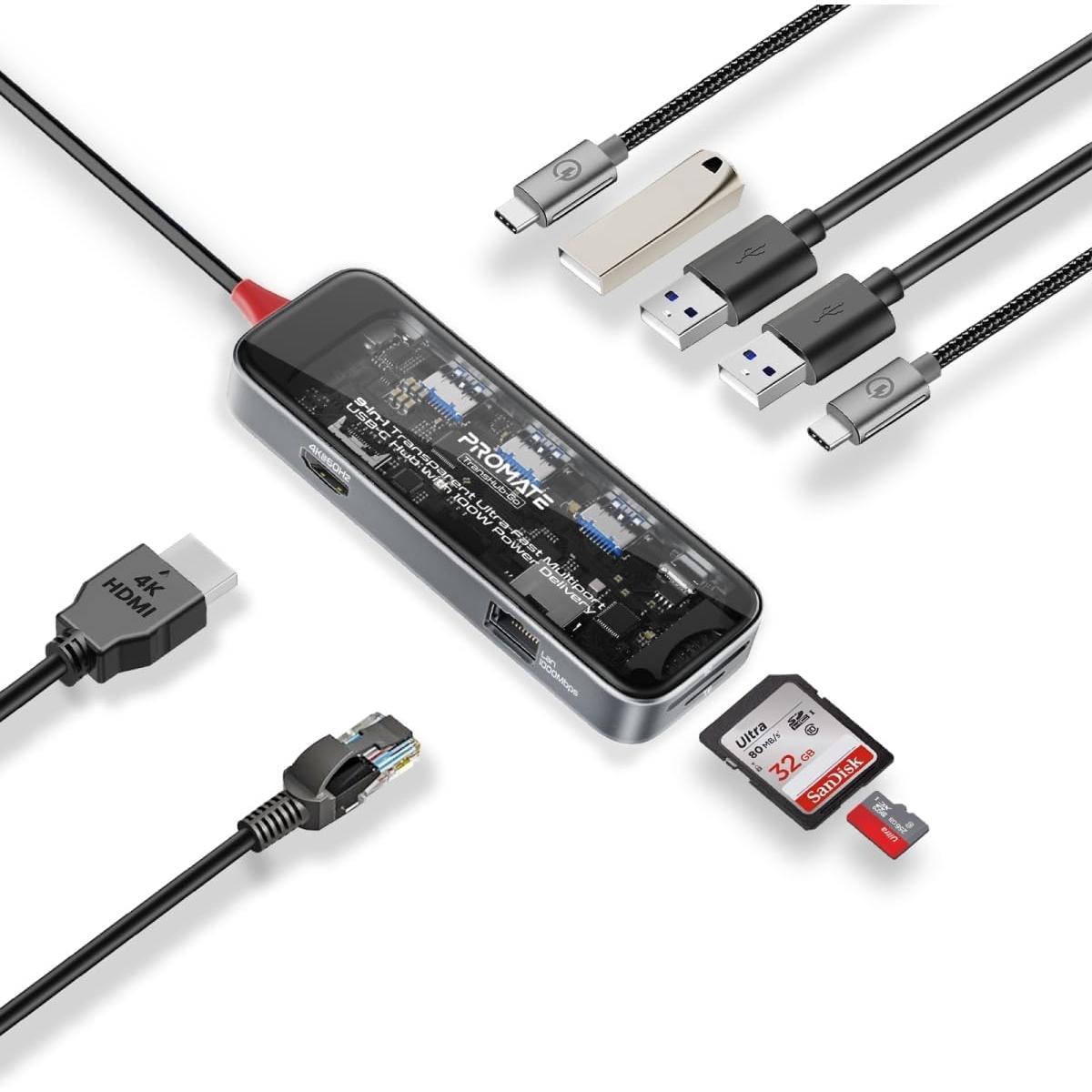 Promate Transhub Go Usb C™ Hub 9 In 1 Multi Display Media Hub 4k@60hz Hdmi 1000mbps Lan 2x Usb A 5gbps Ports 100w Usb C™ Power Delivery - CompuMe