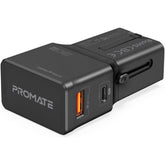 Promate Triplug Pd20 Universal Compa 20w Travel Adapter Fast Charge 3.0 Us/uk/eu/au Plug Stylish Sliding Design Black - CompuMe