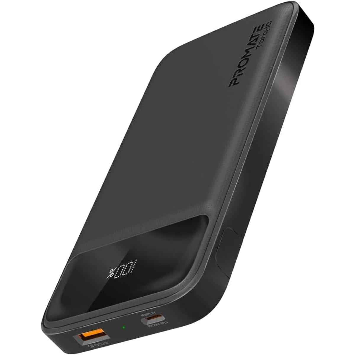Promate Torq 10 Power Bank Universal 10000mah Ultra Slim 20w Usb C Port Qc 3.0 18w Port Built In Kickstand Lcd Screen & Over Heating Proteion