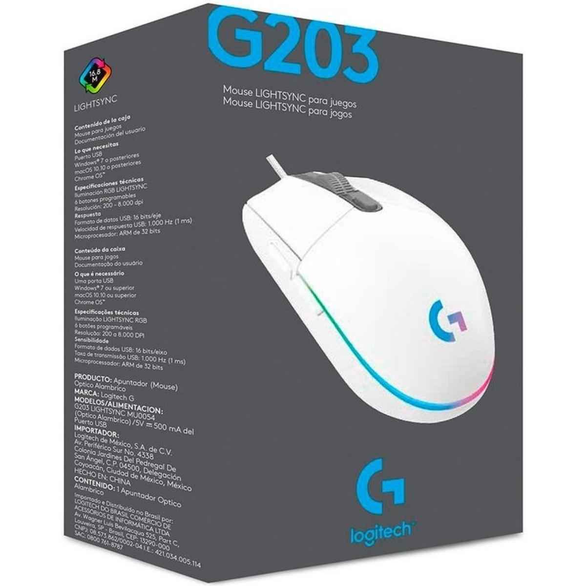 Logitech G203 Wired Gaming Mouse, 8,000 Dpi, Rainbow Optical Effe Lightsync Rgb, 6 Programmable Buttons, On Board Memory, Screen Mapping, Pc/mac Computer And Laptop Compatible White