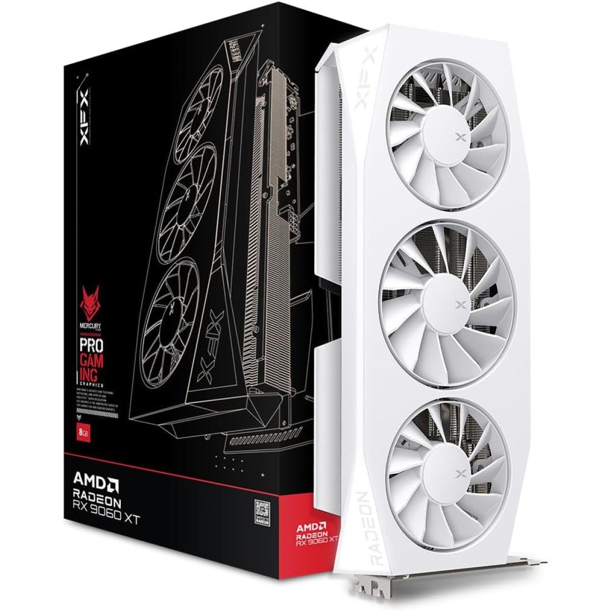 Xfx Mercury Amd Radeon Rx 9060 Xt Oc Triple Fan Gaming Edition 16gb Gddr6 128 Bit Memory, 3320 Mhz Boost Clock, 2048 Stream Processors, 20 Gbps Memory Clock, Pci E 5.0 , White