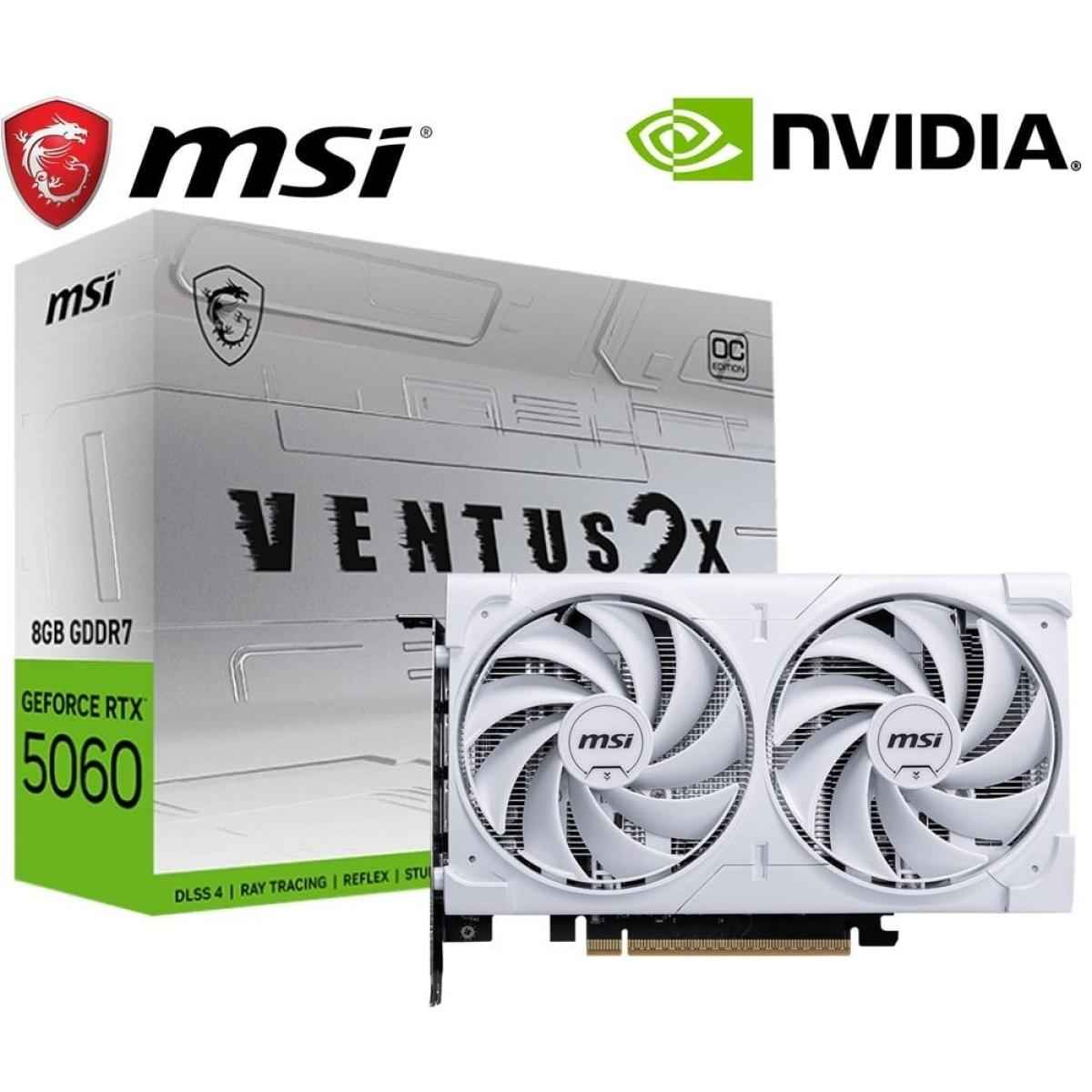 Msi Geforce Rtx 5060 Ventus 2x Oc 8gb Gddr7 128 Bit Memory, 2527 Mhz Boost Clock, 28 Gbps Memory Speed, 3840 Cuda Cores, Pci Express Gen 5 X16 , White