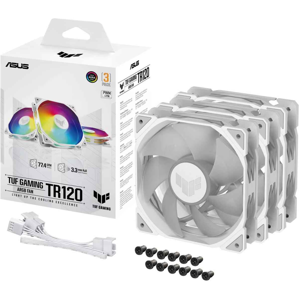 Asus Tuf Gaming Tr120 Argb Fan 3pin Double Layer Led 2000rpm 3.3mm H2o 77.4 Cfm 16 Individually Addressable Rgb Leds 3 Pack White