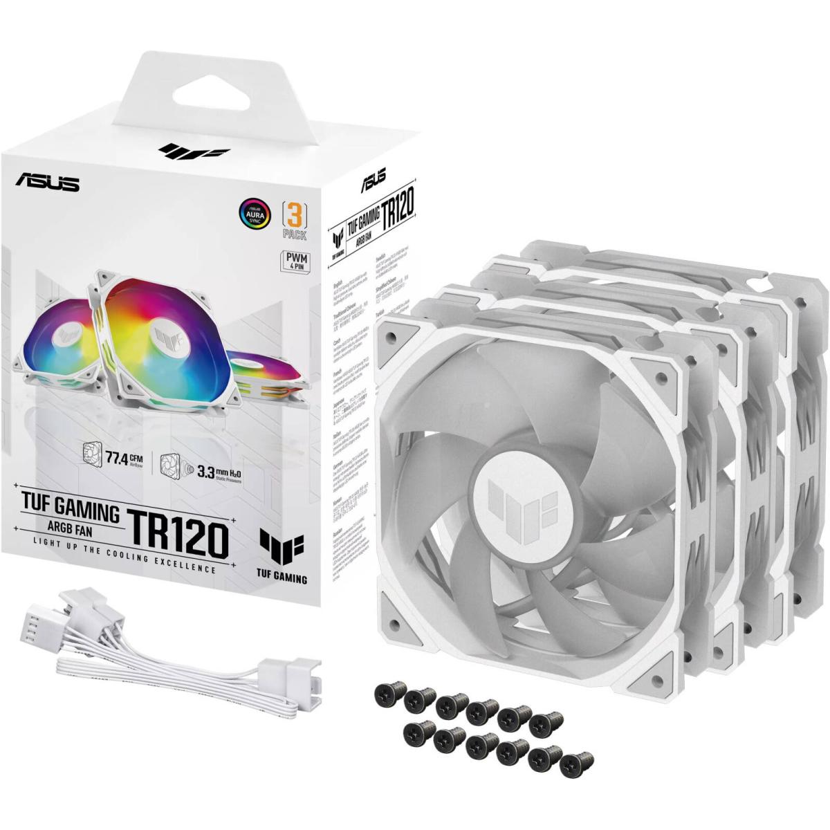 Asus Tuf Gaming Tr120 Argb Fan 3pin Double Layer Led 2000rpm 3.3mm H2o 77.4 Cfm 16 Individually Addressable Rgb Leds 3 Pack White - CompuMe Asus Tuf Gaming Tr120 Argb Fan 3pin Double Layer Led 2000rpm 3.3mm H2o 77.4 Cfm 16 Individually Addressable Rgb Leds 3 Pack White - CompuMe