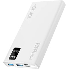 Promate Bolt 10pro Power Bank 10000mah Ultra Slim 10w Usb C Input/output Dual Usb Led Screen Over Heating Proteion White