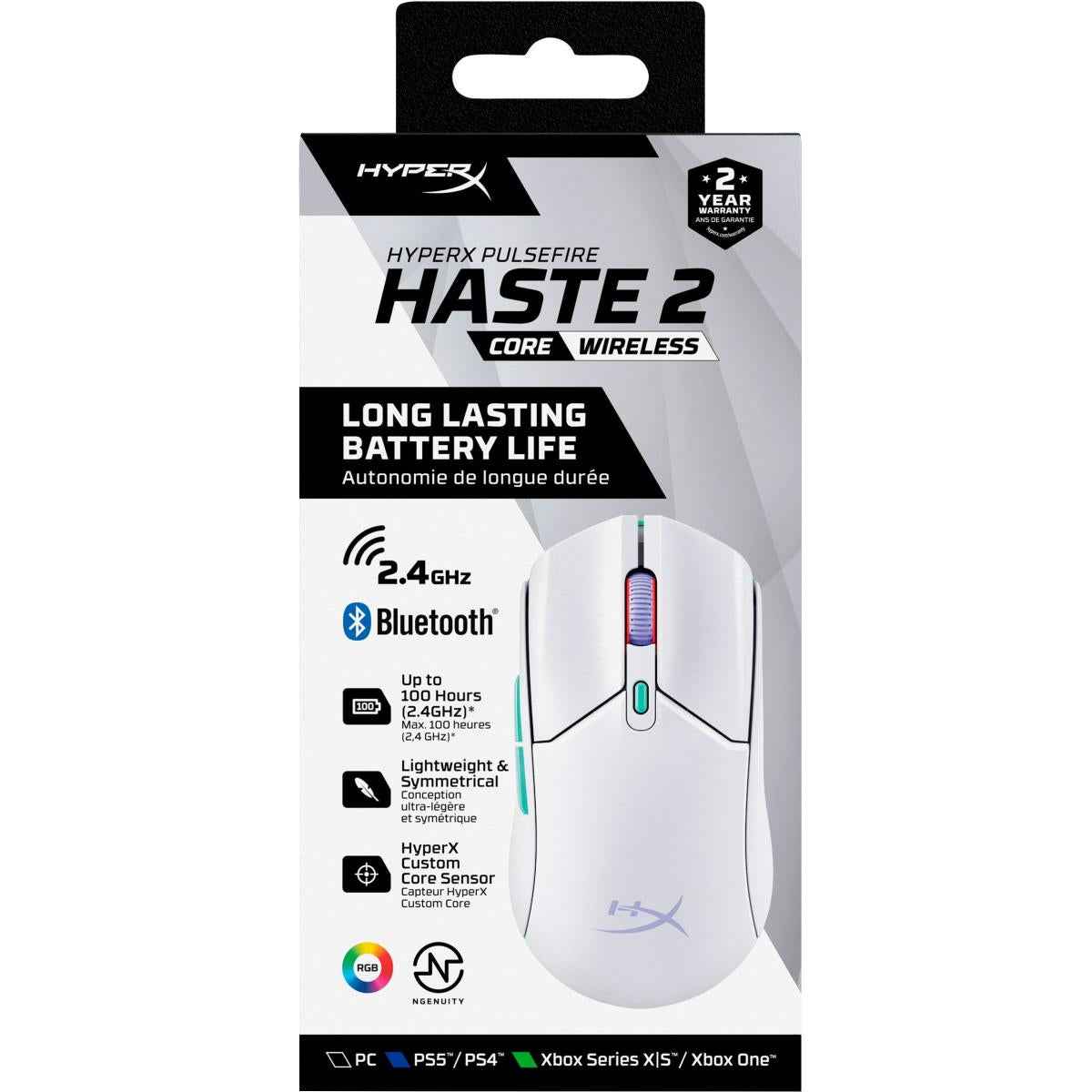 Hyperx Pulsefire Haste 2 Core Wireless & Bluetooth Lightweight 59g Long Battery Life Up To 100 Hours Long Battery Life Custom Core Sensor White