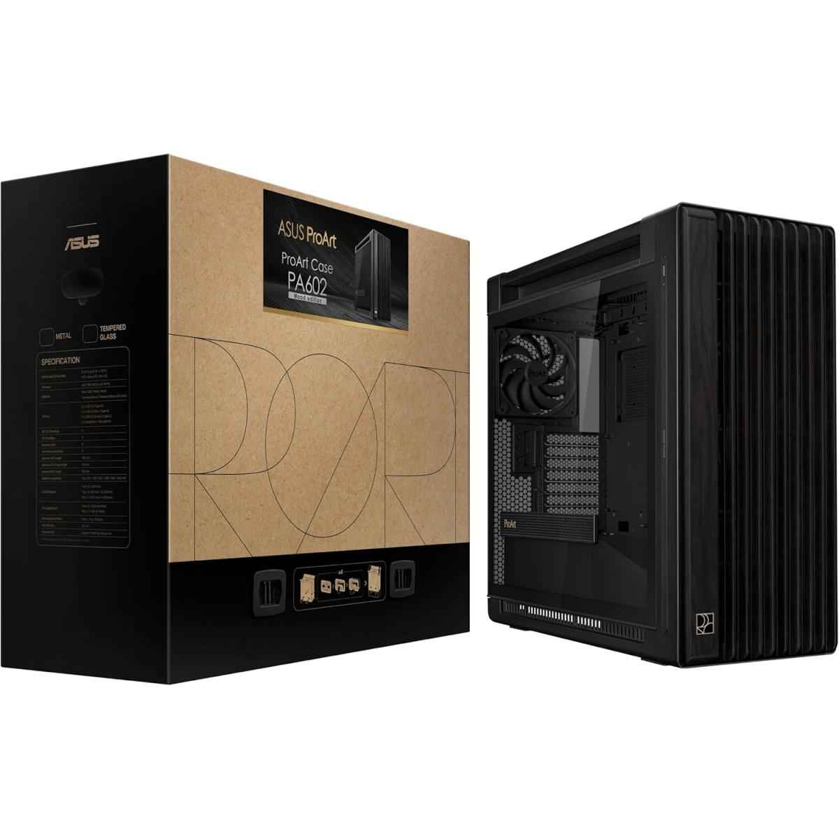 Asus Proart Pa602 Wood Edition E Atx Case 420mm Radiator Support Dual 200mm Built In Fans Front Panel Ir Dust Indicator Power Lock Latch Tool Less Pcie Mounting & Gpu Holder