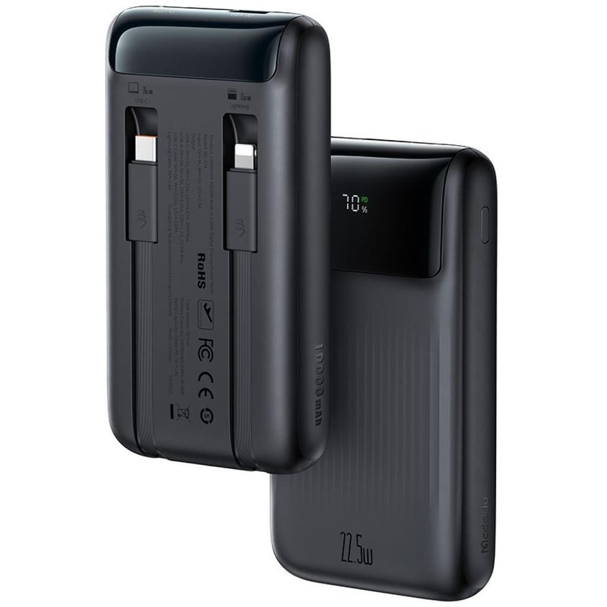 Mcdodo Mc 0241 Power Bank 10000mah 22.5w Super Fast Charging With Build In Type C & Lightning Cable Smart Lcd Digital Display Black - CompuMe