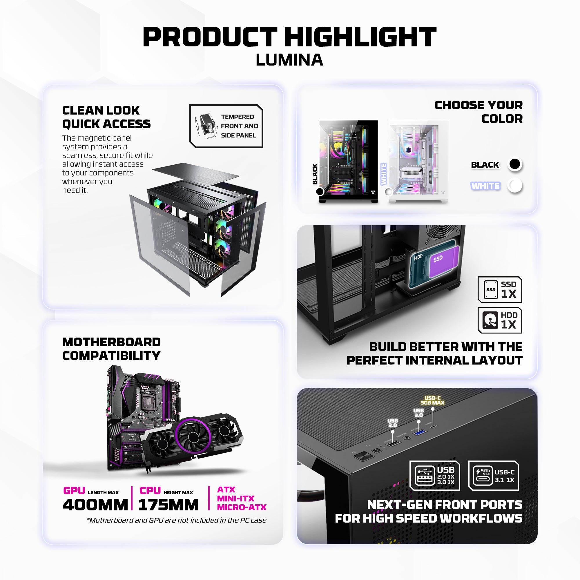 Fantech CG85 LUMINA Tower Gaming Case - White, monitor