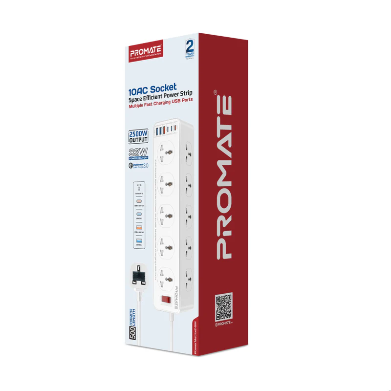 Promate PowerMatrix2-5M 10AC Socket Space Efficient Power Strip with Multiple Fast Charging USB Ports