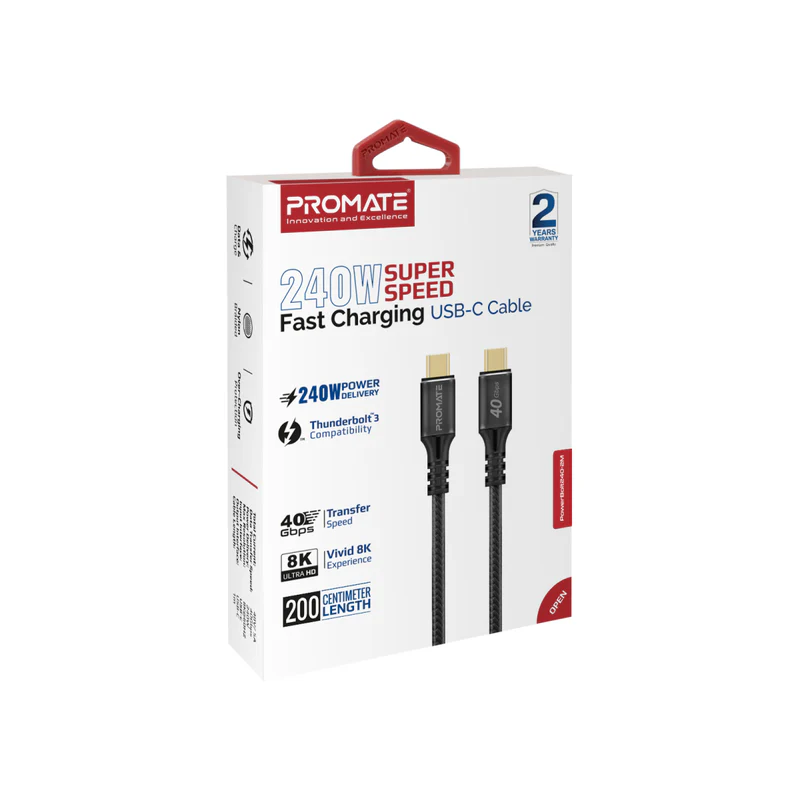 Promate powerbolt240-2M 240W Super Speed Fast Charging USB-C Cable - Black