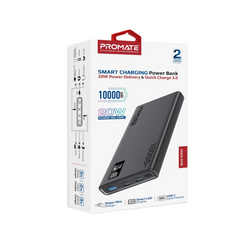 Promate BOLT-10PD Compact Smart Charging Power Bank with 20W PD Dual USB-C and 22.5W USB-A Ports - Black