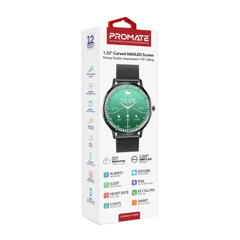 Promate Curved AMOLED Screen Fitness Tracker Smart watch w/ BT Calling - Black