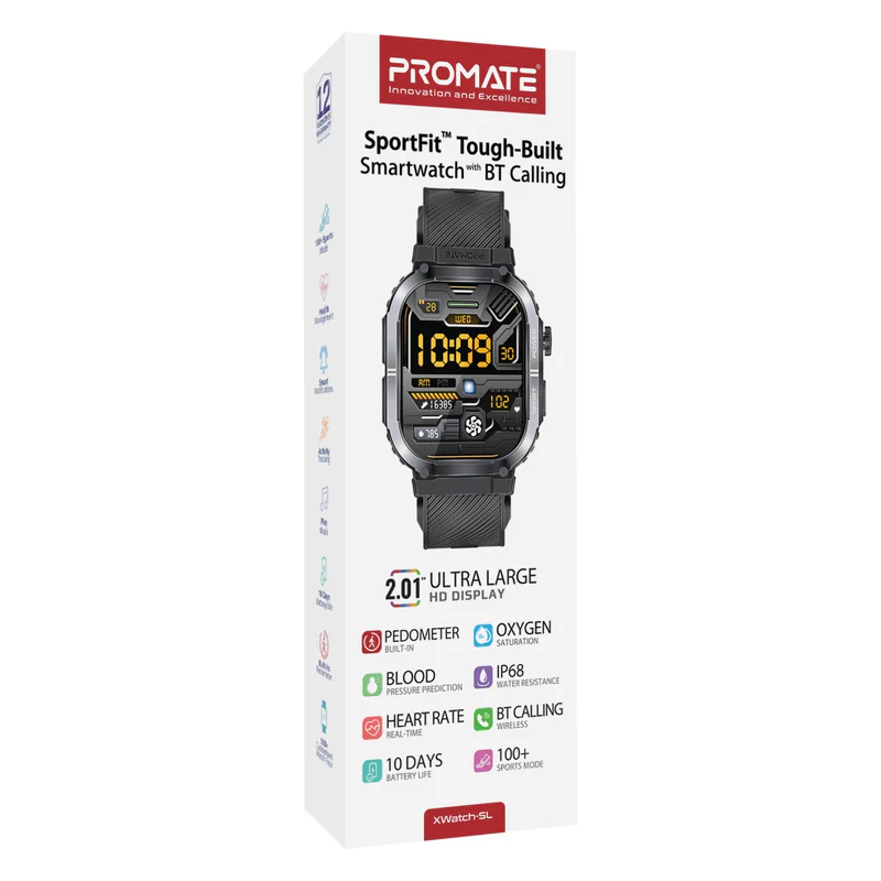 Promate SportFit Tough-Built Smart watch with BT Calling - Black