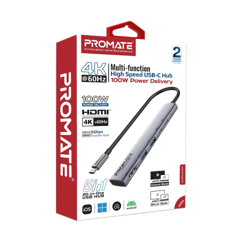Promate LinkHub-5X 4K@60Hz Multi-function High-Speed USB-C Hub with 100W PD
