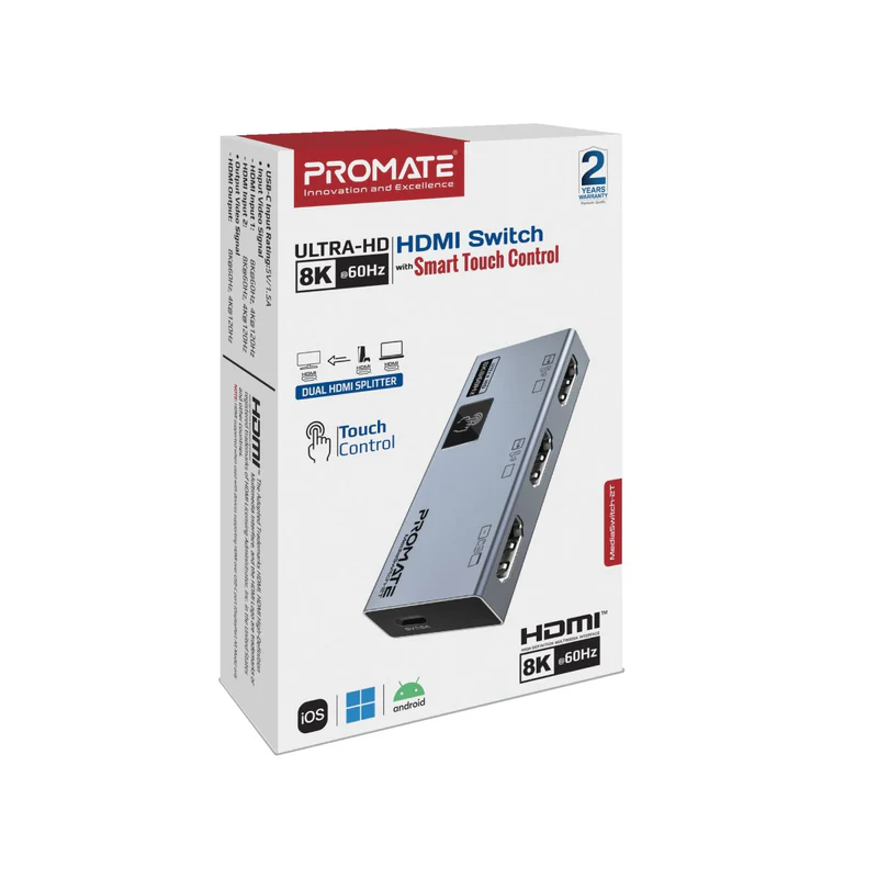 Promate MediaSwitch-2T Ultra-HD 8K@60Hz HDMI Switch with Smart Touch Control