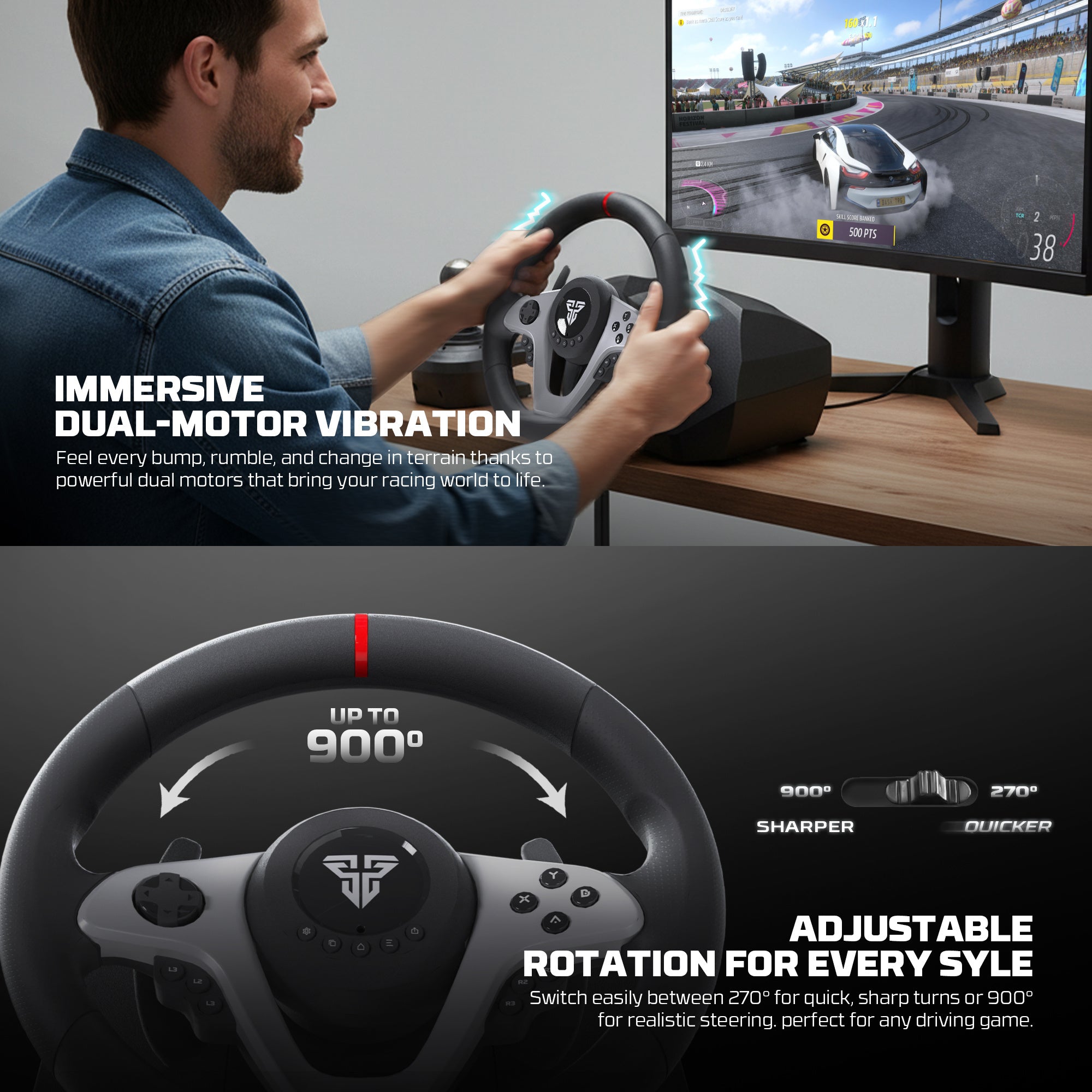 Fantech R1V2 Racing Steering Wheel Dual - Motor Vibration 270° / 900° Rotation 15 Buttons + D - Pad 6 Gears + Reverse 3 Pedals (Clutch