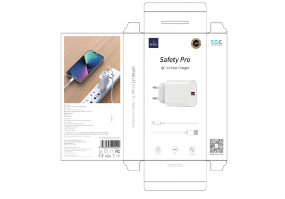 WIWU Wall Charger 18W QC3.0 Single Port USB Wall Plug Fast Charger + USB A to Lightning Cable - White