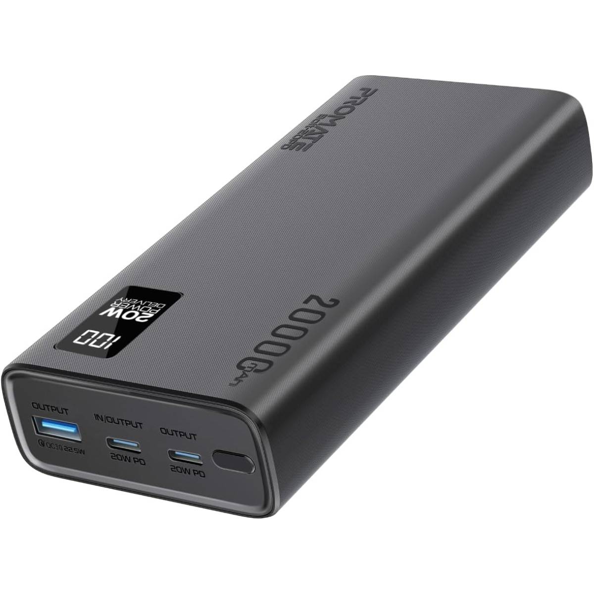 Promate Bolt-20PD 20000mAh Power Bank 20W USB-C PD QC 3.0 LCD Display Black