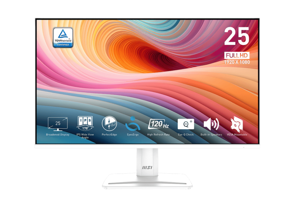 MSI PRO MP251W E2 24.5" IPS 1920 x 1080 (FHD) Monitor, 120Hz, Adaptive-Synch, HDR Ready, HDMI, VGA Port, Display Port,VESA Mountable - White