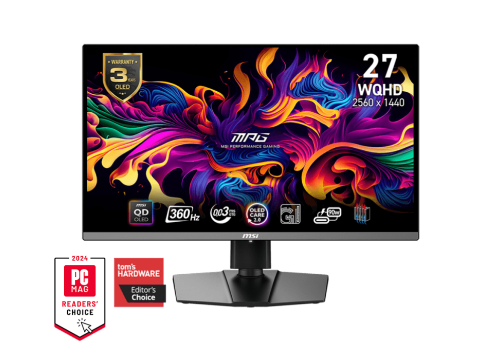 MSI MPG 271QRX QD-OLED, 27" OLED 360Hz Gaming Monitor, 2560 x 1440 (WQHD), 0.03ms Response time AMD FreeSync™ Premium Pro True Black HDR 400, HDMI, DP Port, USB Type C, Tilt/Height
