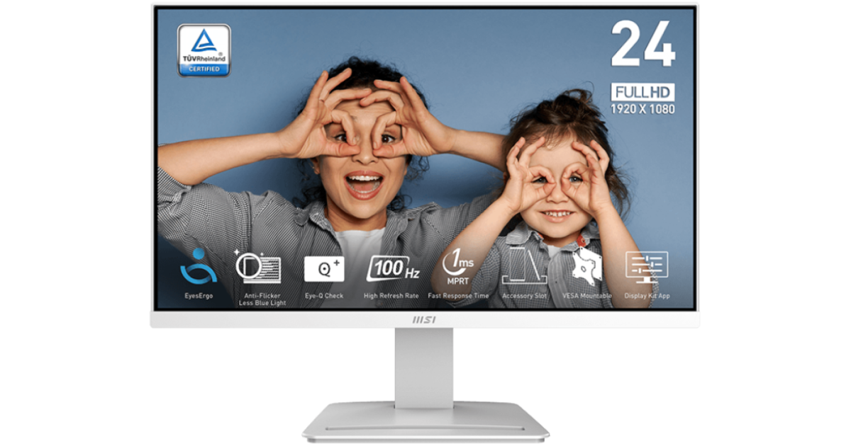 MSI PRO MP2412W 24" 1080p FHD Flat Monitor (White) VA, 100Hz, 1ms, 113% sRGB, Adaptive-Sync, Eye Care Technology