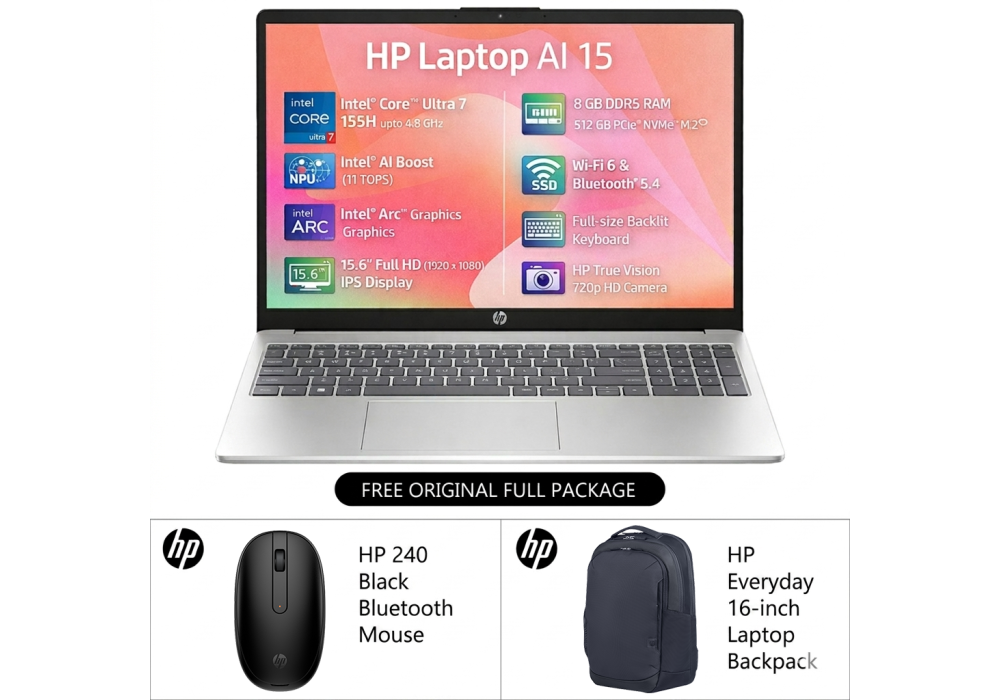 HP AI Business Laptop 15-fd1062ne, Intel Ultra 7 155H 4.8GHz 16 Cores, Intel Arc Graphics, 8GB DDR5, 512GB PCIe SSD, 15.6" FHD, WiFi 6, BT 5.4 - Natural Silver