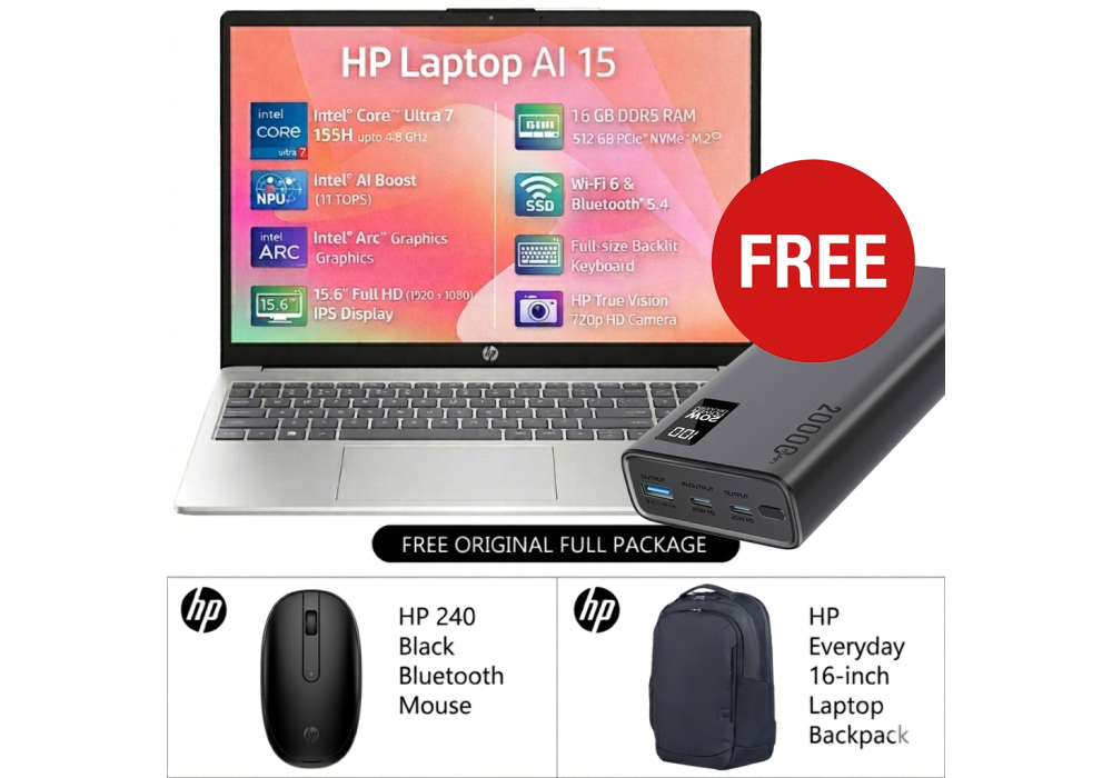 HP AI Business Laptop 15-fd1062ne Free Power Bundle, Intel Ultra 7 155H, Intel Arc Graphics, 16GB (Customized) DDR5, 512GB PCIe SSD, 15.6" FHD, WiFi 6, BT 5.4, 2 Year Warranty, Natural Silver w/ Promate Bolt-20PD Universal 20000mAh 20W Power Bank