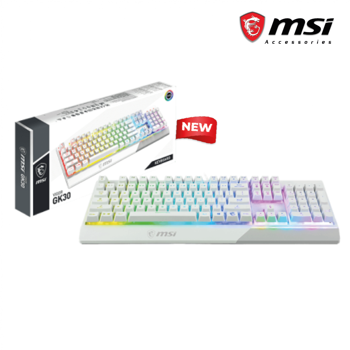 MSI Vigor GK30 RGB Gaming Keyboard – 6-Zone RGB, Mechanical-Like Switches, Water Resistant - WHITE