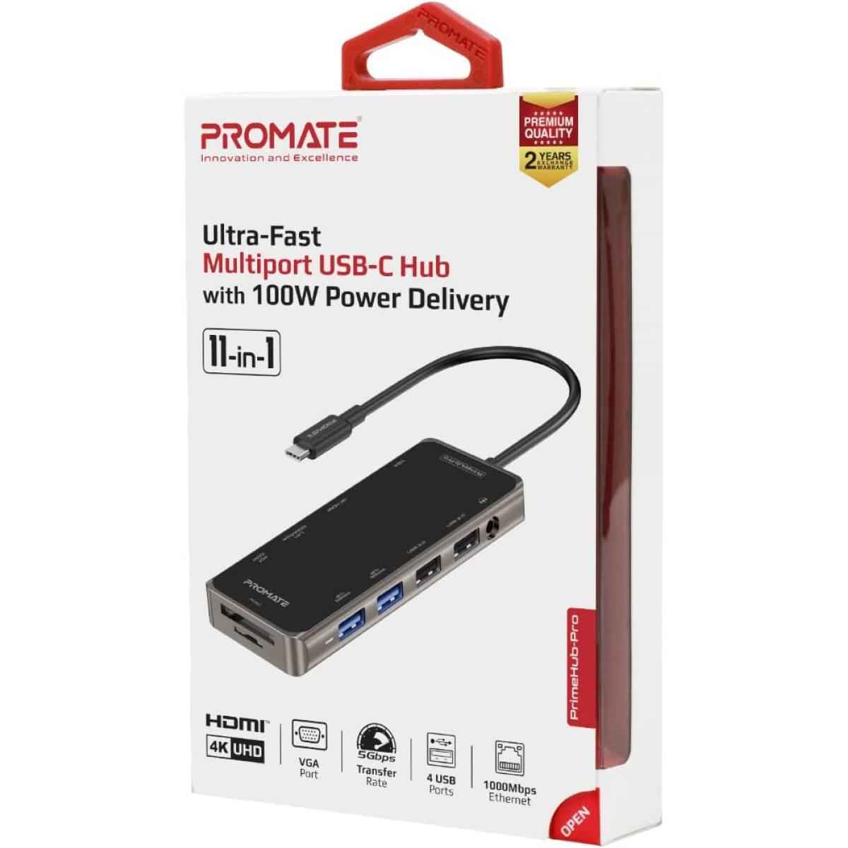 Promate Primehub Pro 11 In 1 Type C Adapter 100w Usb C Power Delivery 4k Hdmi, Vga Port, Rj45 Port, Aux, Tf/sd Card Slot & 4 Usb