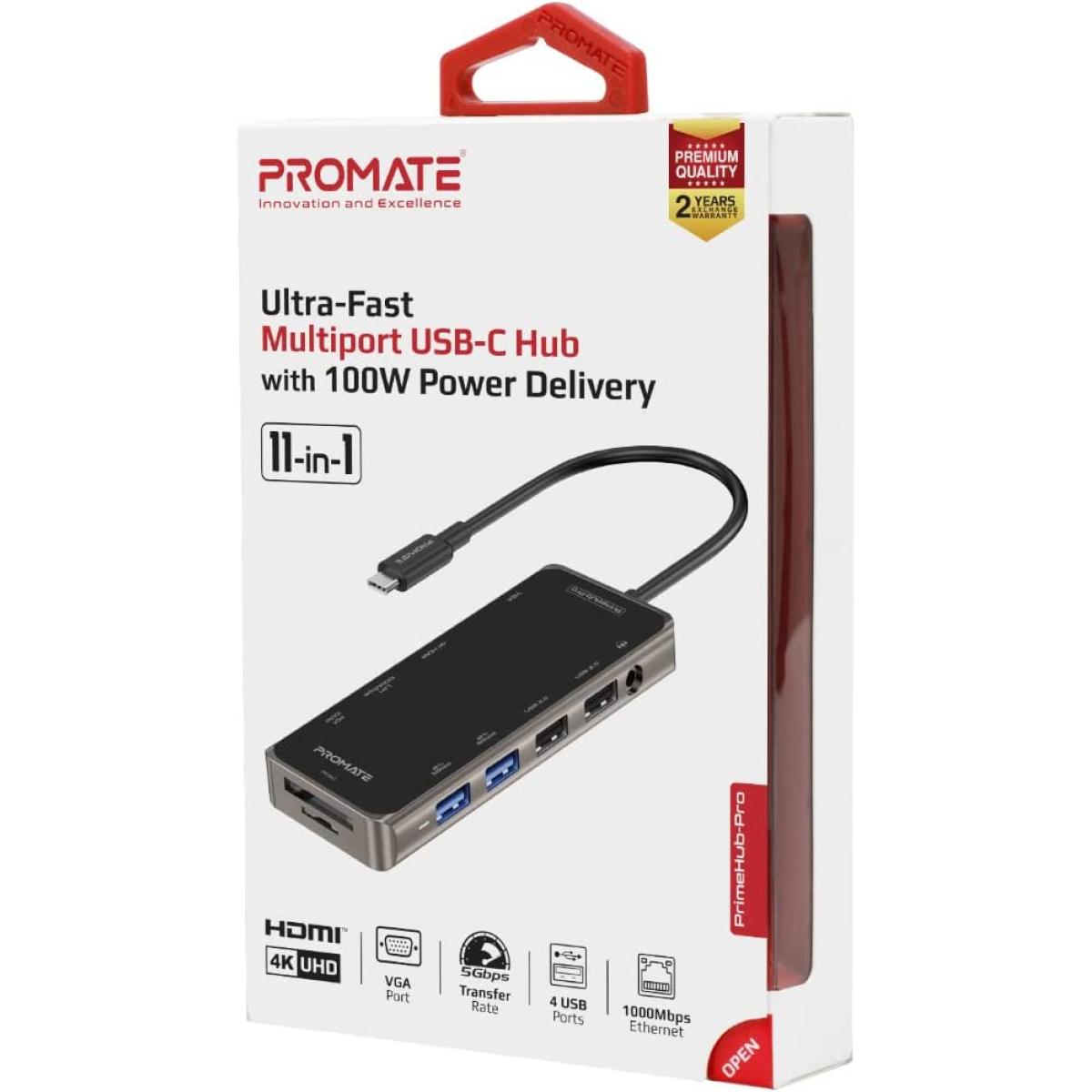 Promate Primehub Pro 11 In 1 Type C Adapter 100w Usb C Power Delivery 4k Hdmi, Vga Port, Rj45 Port, Aux, Tf/sd Card Slot & 4 Usb