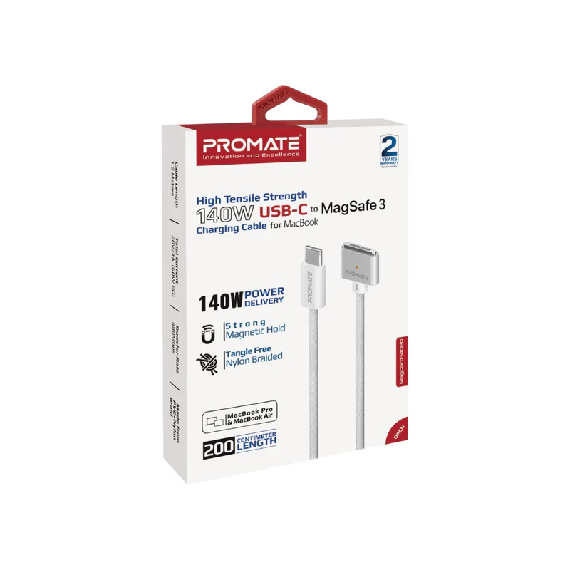 Promate MagCord-140PD MacBook Durable USB-C to MagSafe 3 Charging Cable w/ 140W Power Delivery 2M Nylon Braided