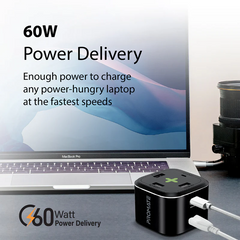 Promate PowerCube-PD80 USB-C Charging Station Multi-Port 60W/20W Dual USB-C 2.4A Dual USB & Quick Charge 3.0 Ports