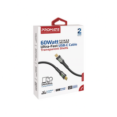 Promate TransLine-CC USB-C to USB-C Cable 60W Power Delivery Transparent Shells 120cm Nylon Braided Cord - Black