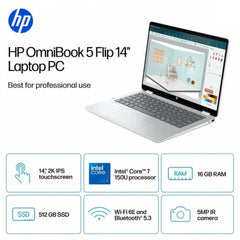 HP OmniBook 5 Flip Laptop (14-fp0023dx) 14" FHD+ (1920 x 1200) IPS 60Hz Touch, Intel® Core 7 150U, 16GB LPDDR5 Ram Onboard, 512 M.2 PCIe Gen 4, Intel Graphics, Windows 11 Home w/ HP Rechargeable Tilt Pen - Silver
