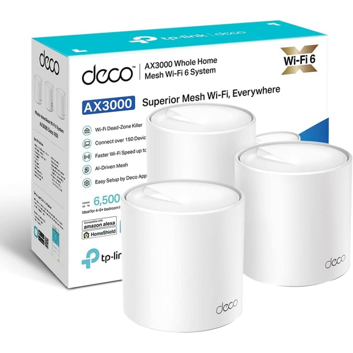 TP-Link Deco X50 AX3000 Whole Home AI-Driven Mesh Wi-Fi 6 System Dual-Band with Gigabit Ports Coverage up to 6,500 ft2 up to 150 devices HomeShield Security (3-Pack)
