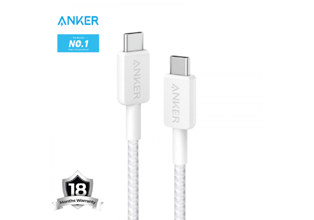 Anker USB-C to USB-C Cable 240W Braided 3ft, - White - 18 Month Warranty