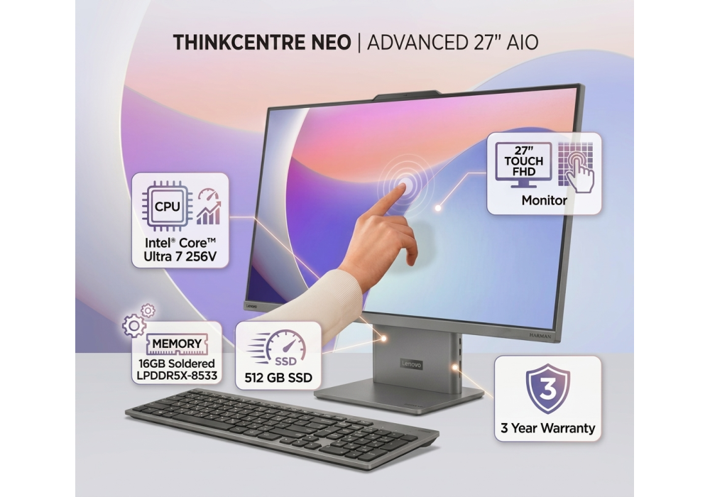 Lenovo ThinkCentre neo 50a 27 Gen 6 – 27" FHD Touch AIO Desktop, Intel Core Ultra 7 256V, Integrated Intel Arc Graphics, 16GB LPDDR5X, 512GB PCIe 4.0 SSD, Harman Speakers, 5MP Camera, Wi‑Fi 6 & Ethernet, Luna Grey - 3 Year Warranty