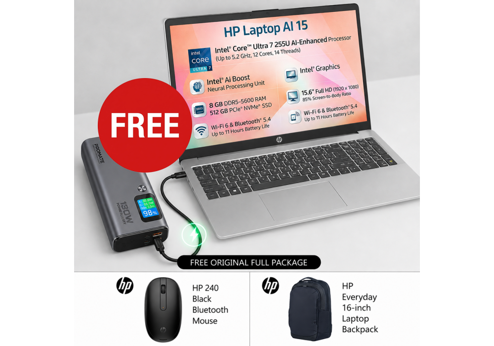 HP AI Business Laptop 15-fd2022ne Free Power Bundle, Intel Ultra 7 255U 5.2GHz 12 Cores, 16GB DDR5 (Customized), 512GB PCIe SSD, 15.6" FHD, WiFi 6, BT 5.4, 2 Year Warranty, Natural Silver w/ Promate 130W Laptop Power Bank 20000mAh Titan-130