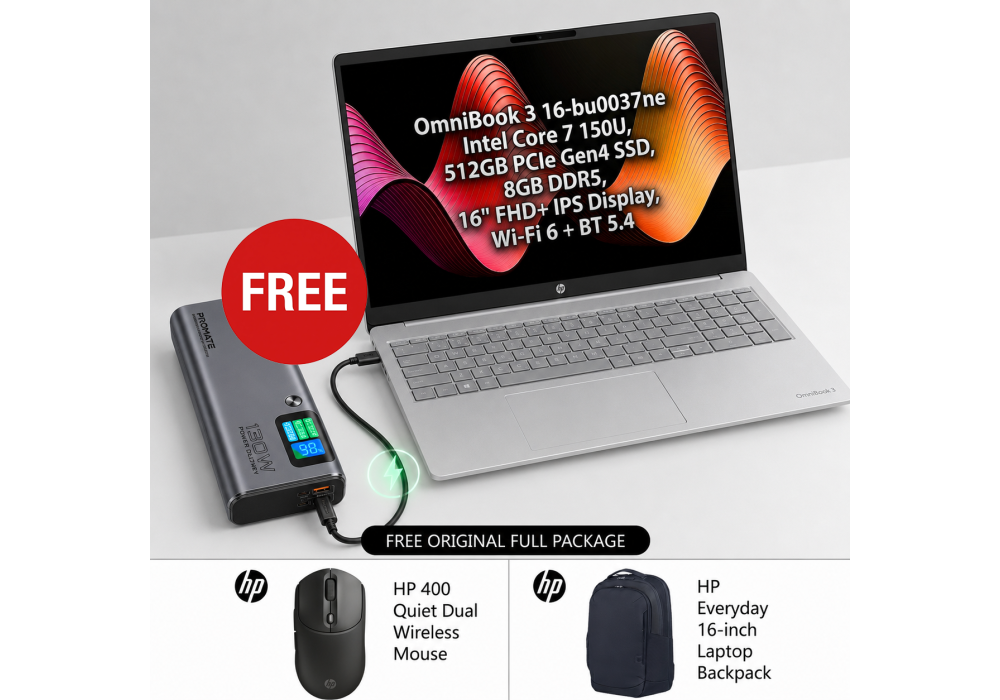 HP OmniBook 3 Laptop 16-bu0037ne Free Power Bundle, Intel Core 7 150U, 512GB SSD, 8GB DDR5, 16" FHD+ IPS, Wi‑Fi 6, BT 5.4 w/ 16" HP Backpack & HP 400 Quiet Dual Wireless Mouse, Promate 130W Laptop Power Bank 20000mAh Titan-130