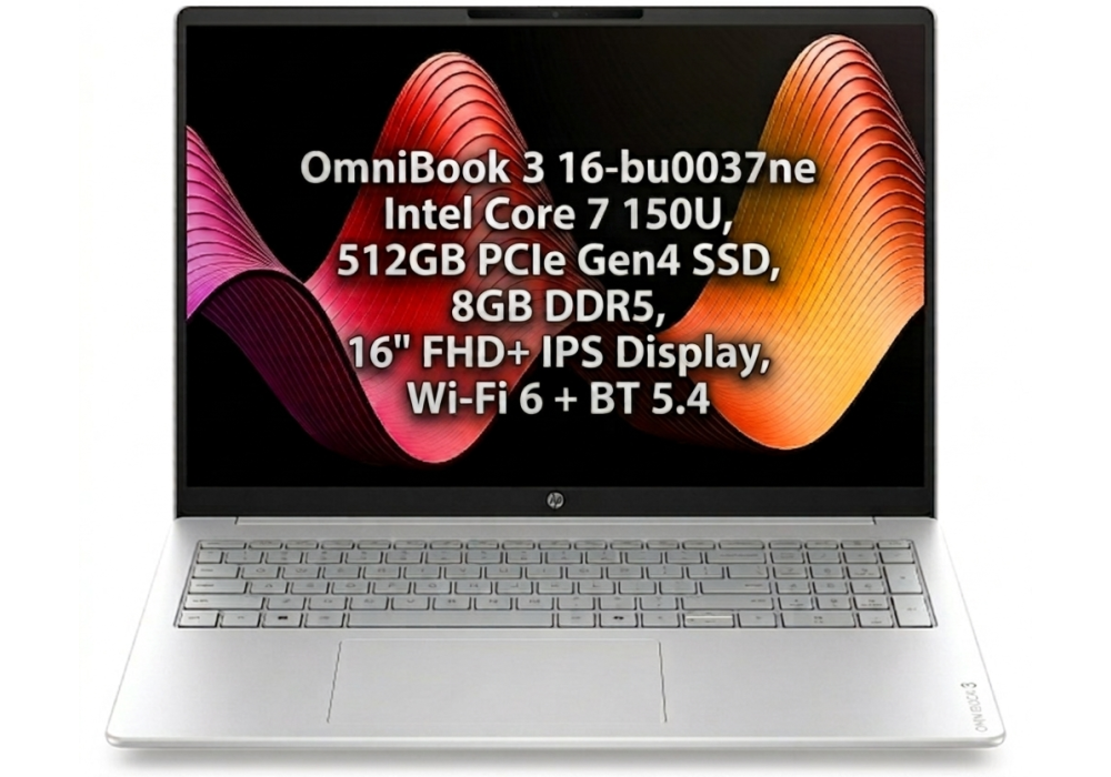 HP OmniBook 3 Laptop 16-bu0037ne - Intel Core 7 150U, 10 Cores, 512GB PCIe Gen4 SSD, 8GB DDR5, 16" FHD+ IPS Display, Wi‑Fi 6 + BT 5.4, Glacier Silver
