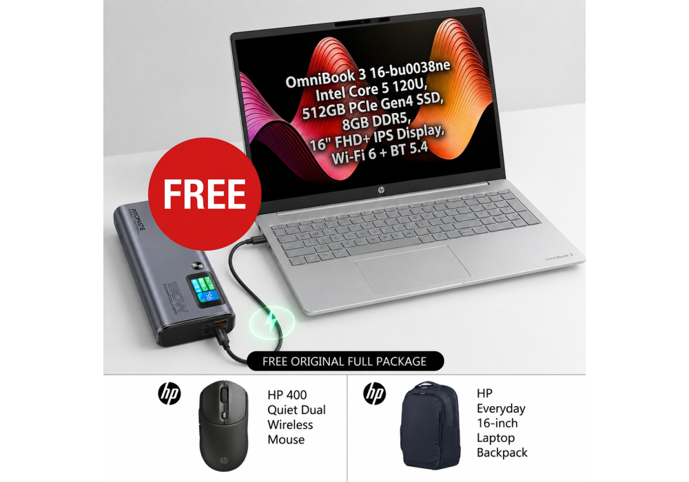 HP OmniBook 3 Laptop 16-bu0038ne Free Power Bundle, Intel Core 5 120U, 512GB SSD, 8GB DDR5, 16" FHD+ IPS, Wi‑Fi 6, BT 5.4 w/ 16" HP Backpack & HP 400 Quiet Dual Wireless Mouse, Promate 130W Laptop Power Bank 20000mAh Titan-130