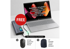 HP OmniBook 3 Laptop 16-bu0038ne Free Power Bundle, Intel Core 5 120U, 512GB SSD, 8GB DDR5, 16" FHD+ IPS, Wi‑Fi 6, BT 5.4 w/ 16" HP Backpack & HP 400 Quiet Dual Wireless Mouse, Promate 130W Laptop Power Bank 20000mAh Titan-130